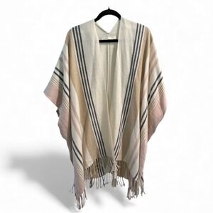 Loft Multicolor Striped Poncho‎ Womens One Size Fringe Wrap Shawl Cream Tan Pink